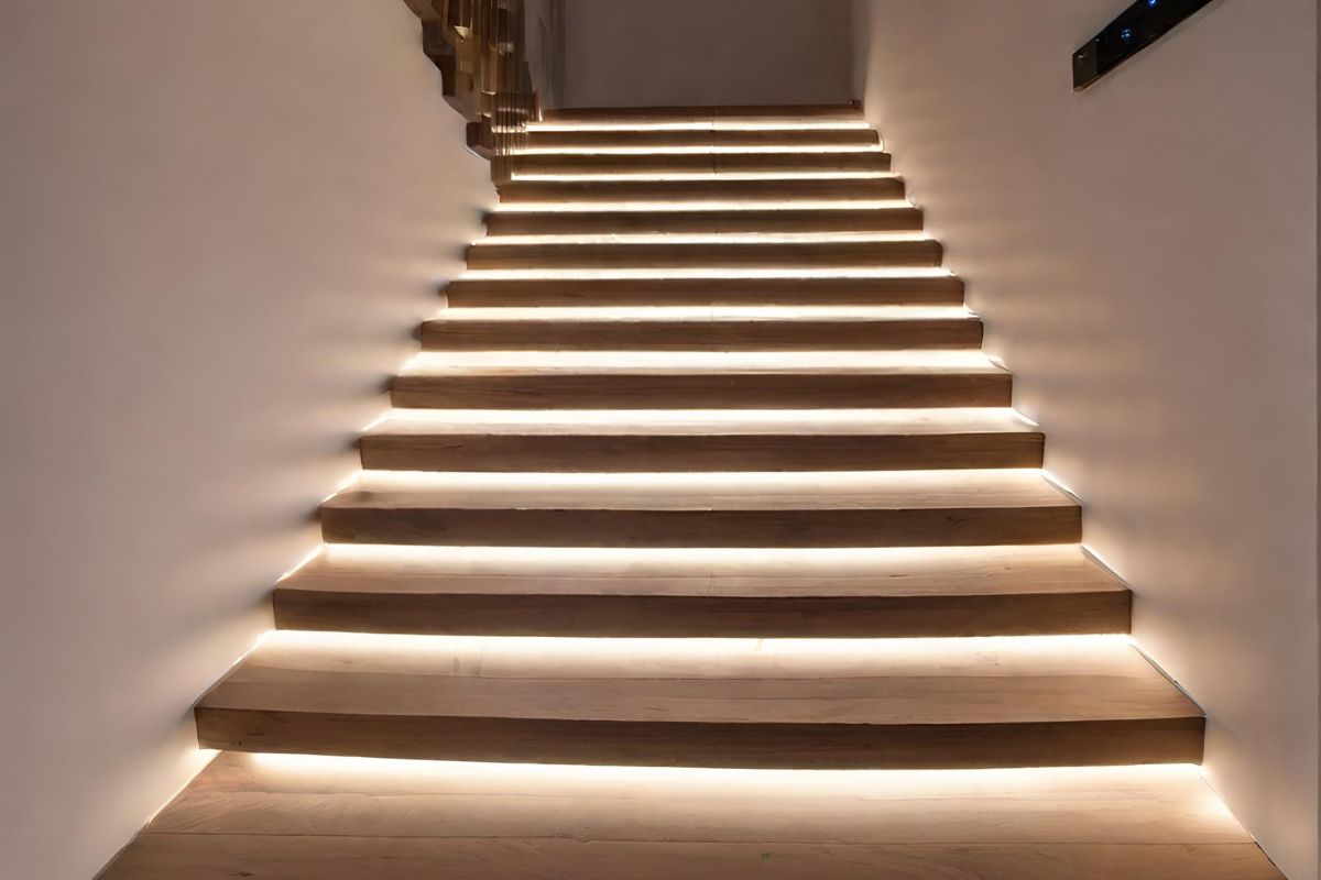escaleras iluminadas con barras led en los pelda&ntilde;os
