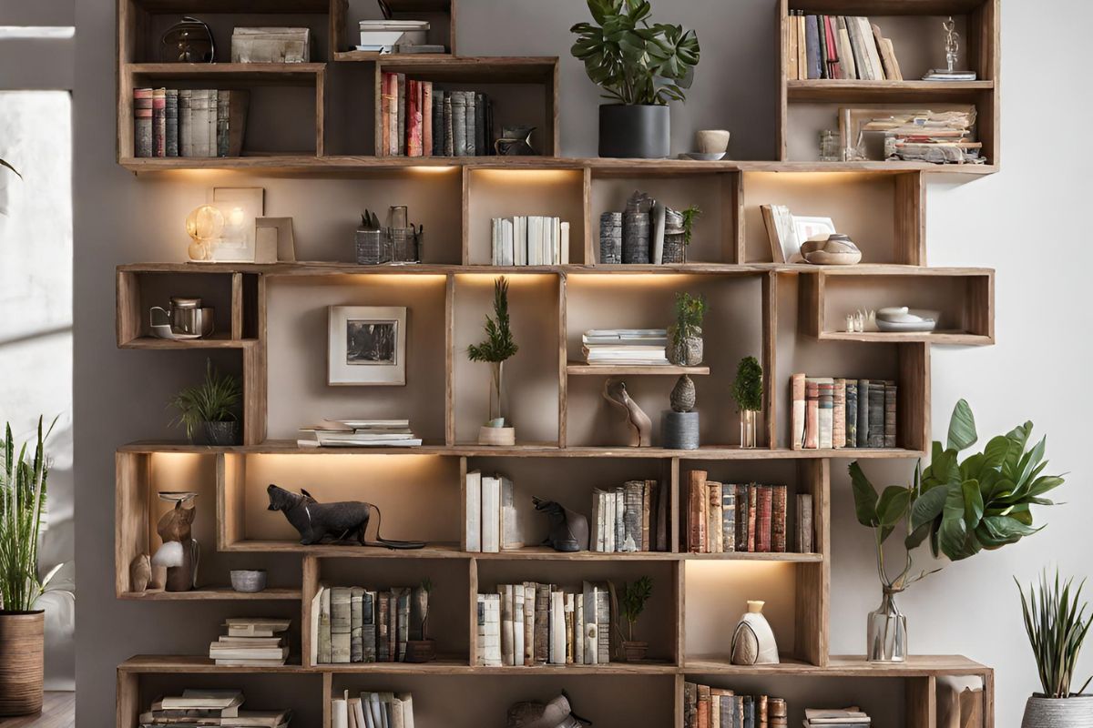 estanter&iacute;a decorada con objetos con iluminacion led en barra