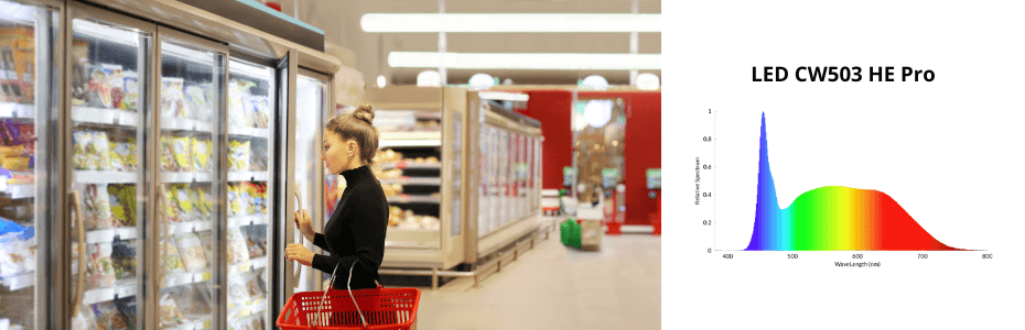 mujer mirando una pared de productos congelados