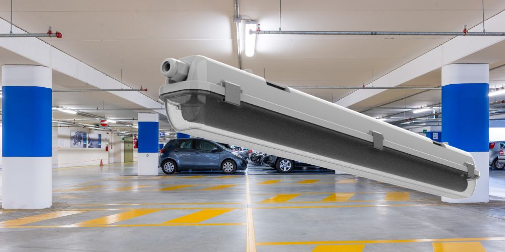Indoor parking lot with featured moisture-resistant LED lighting.