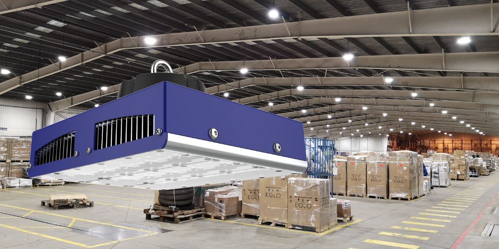 Industrial warehouse with high-performance LED lighting, featuring suspended LED high bay light.