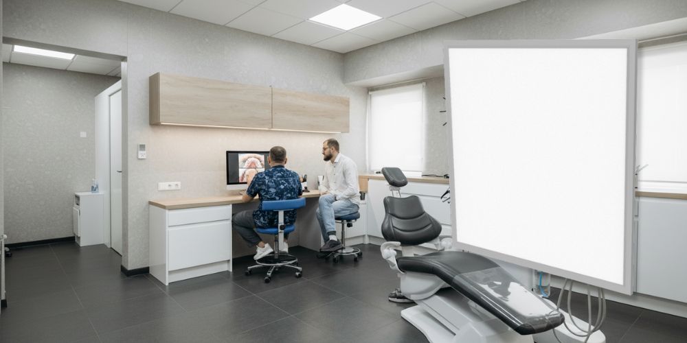 Clothing store with LED ceiling panel lighting, featuring a square LED panel.