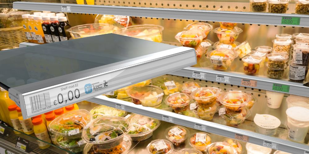 Supermarket refrigerated shelf with packaged salads and highlighted Shelf LED price holder.