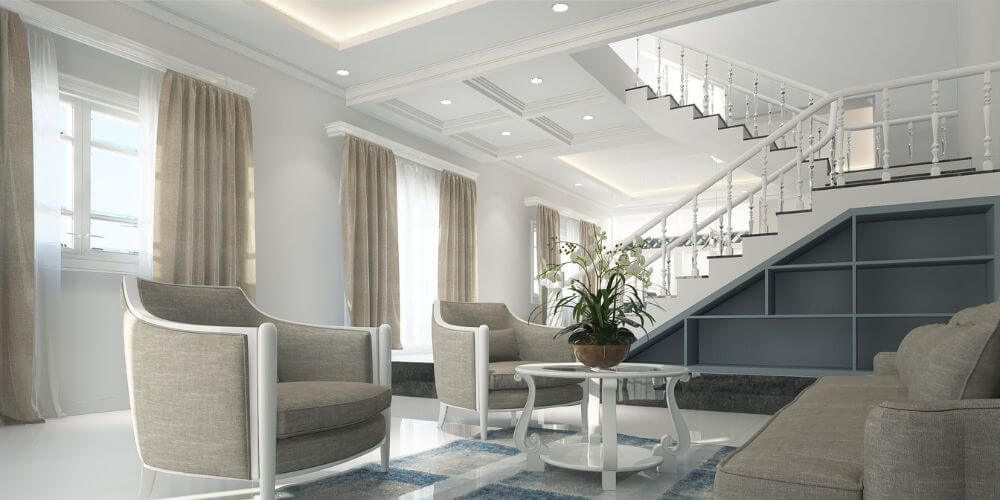 Salon avec downlights ronds installés au plafond